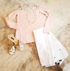 Loft cold shoulder petal pink sweater with ties